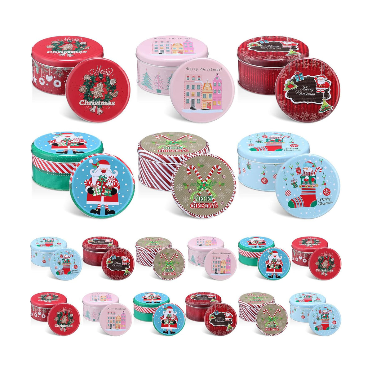 LemonRoad 18 Pack 5.2 Inch Round Christmas Cookie Tins with Lids for Gift Giving Holiday Treats, Metal Empty Candy Tin Containers, Small Xmas Cookie Jar for Baking Party Favors(Classic Style)