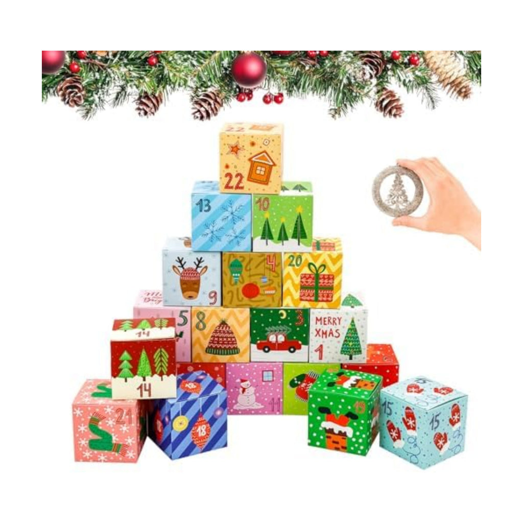 24PCS Christmas Advent Calendar Box with Stickers 2.75'' Square Christmas Countdown Gift Box Set Reusable DIY Holiday Treat Boxes for Kids Adults Candy Toys Jewelry Storage Festive Xmas Decoration