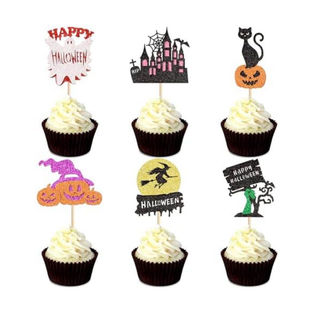 Ercadio 30Pcs Happy Halloween Cupcake Toppers Witch Pumpkin Black House Bats Cats Cupcake Picks for Gender Reveal Halloween Birthday Cupcake Decorations Halloween Party Supplies