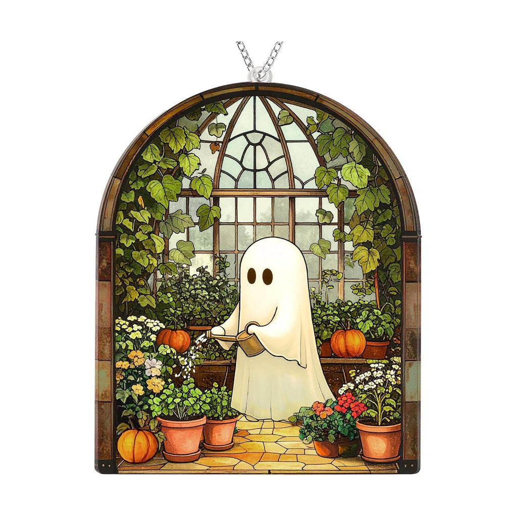 Halloween Stained Glass Ghost Plant Ornament, Suncatcher Decor
