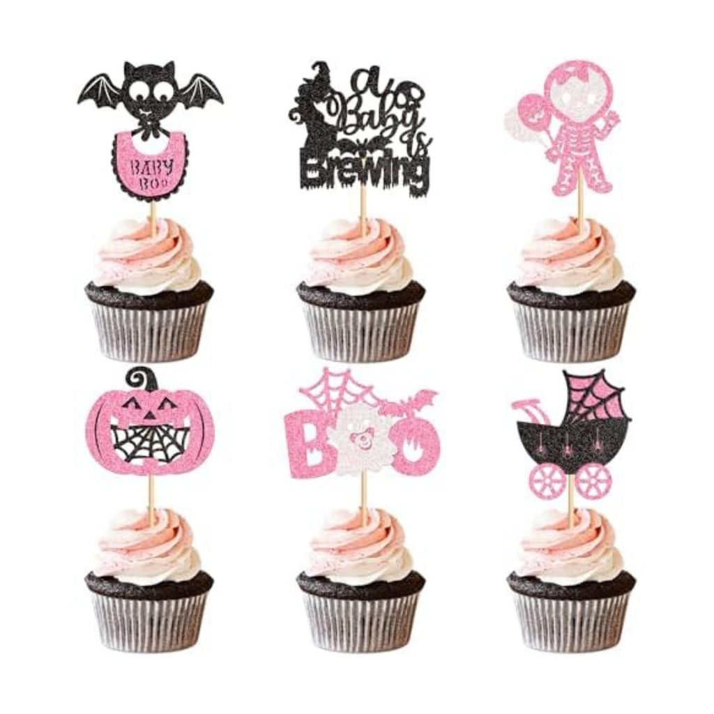 Ercadio 30Pcs Pink Halloween Baby Shower Cupcake Toppers A Baby Is Brewing Cupcake Picks for Boo Theme Gender Reveal Girls Halloween Birthday Cupcake Cake Decors Supplies
