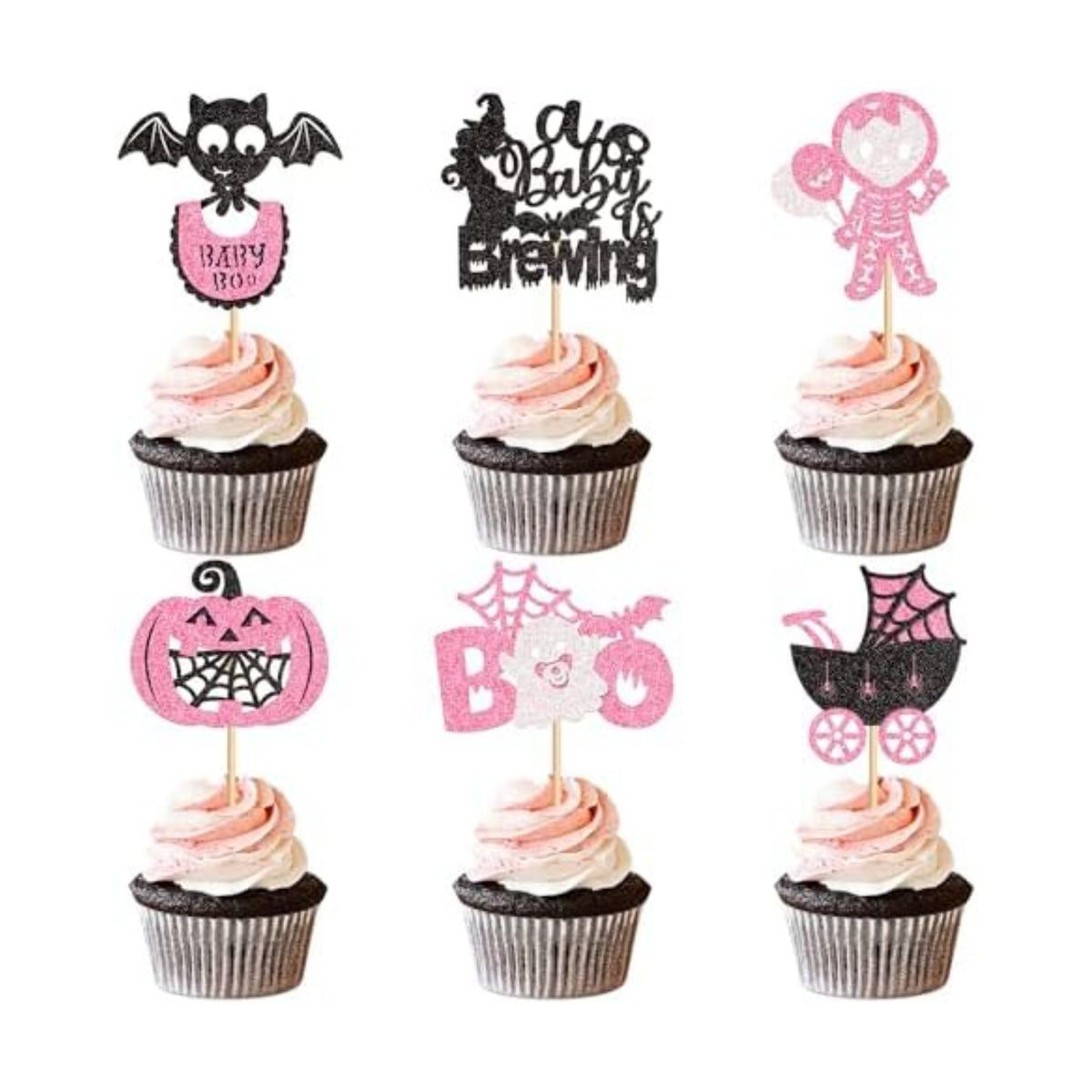Ercadio 30Pcs Pink Halloween Baby Shower Cupcake Toppers A Baby Is Brewing Cupcake Picks for Boo Theme Gender Reveal Girls Halloween Birthday Cupcake Cake Decors Supplies