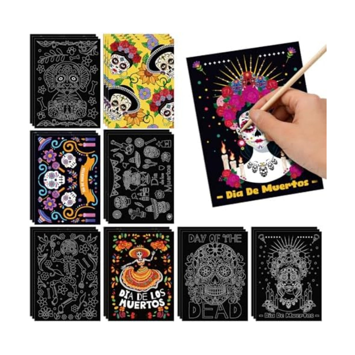 Marspark 24 Pcs Day of the Dead Scratch Paper Halloween Art Crafts Bulk