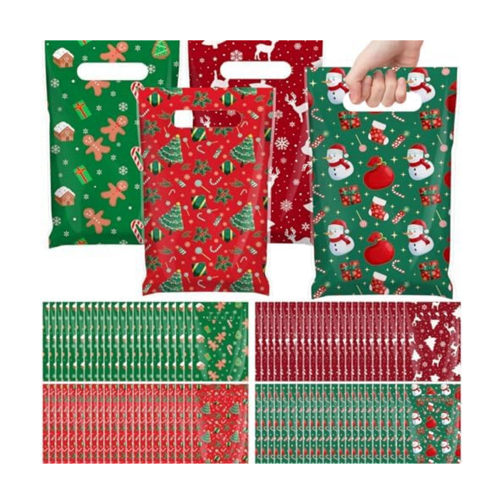 Gilprop 100 Pcs Christmas Plastic Gift Bags Bulk Small Treat Goodie Bags