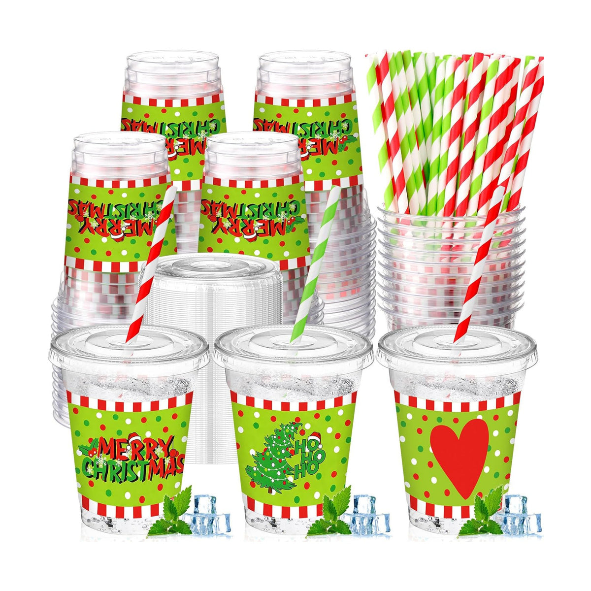 Jingmore 50 Pcs Merry Christmas Plastic Clear Cups with Lids and Straws