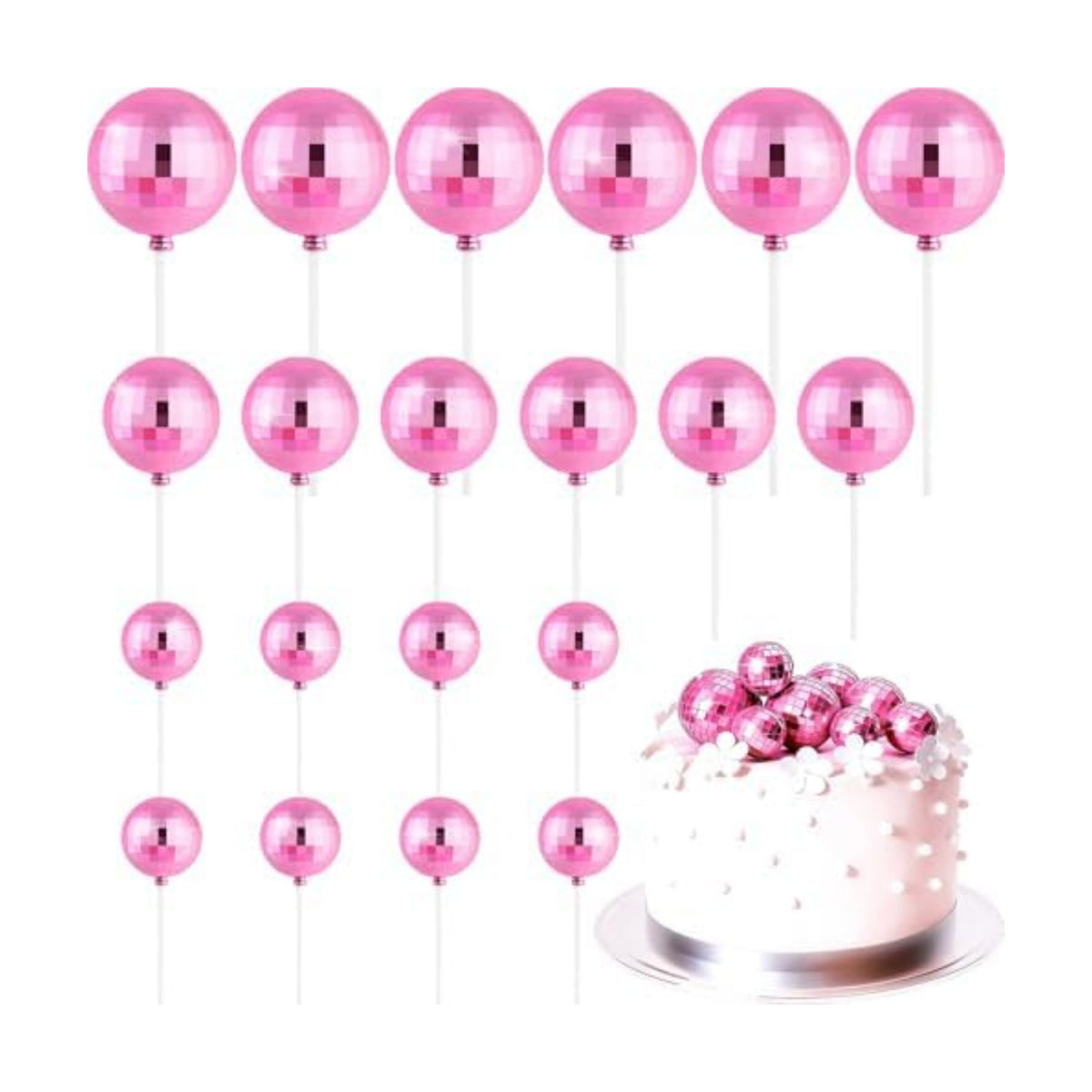 ASTARON 20 Pcs Pink Disco Balls Cake Topper Decorations for Birthday Cake