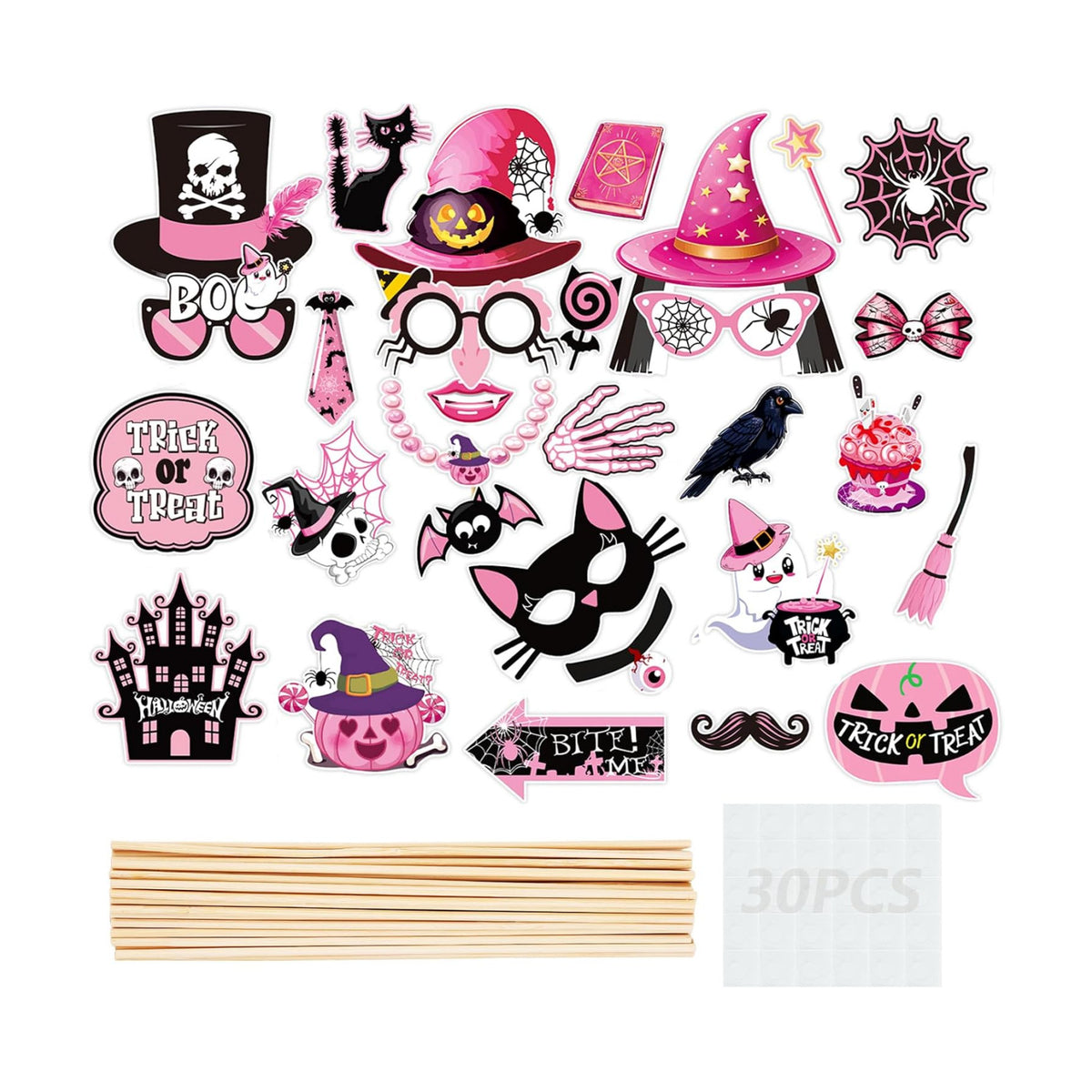 Halloween Photo Booth Props 30 PCS Set, Pink Photoshoot Decorations, Party Favors Supplies Halloween Games Kit with Sticks & Adhesive Dots