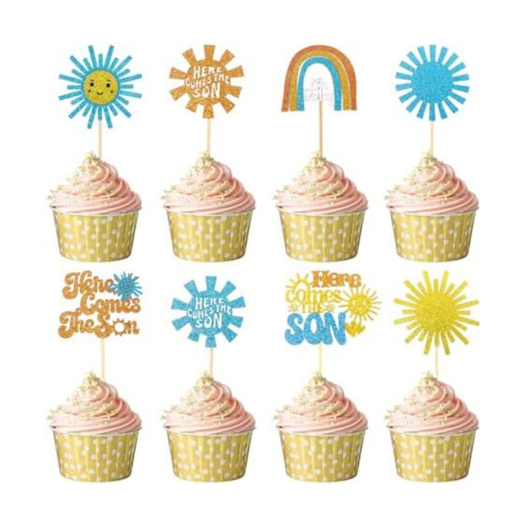 Here Comes the Son Cupcake Toppers, 24 PCS Here Comes the Son Baby Shower Decorations, Glitter Sun Themed Cupcake Party Decorations, Cupcakes Picks Food Picks for Baby Shower Party, Birthday, Wedding
