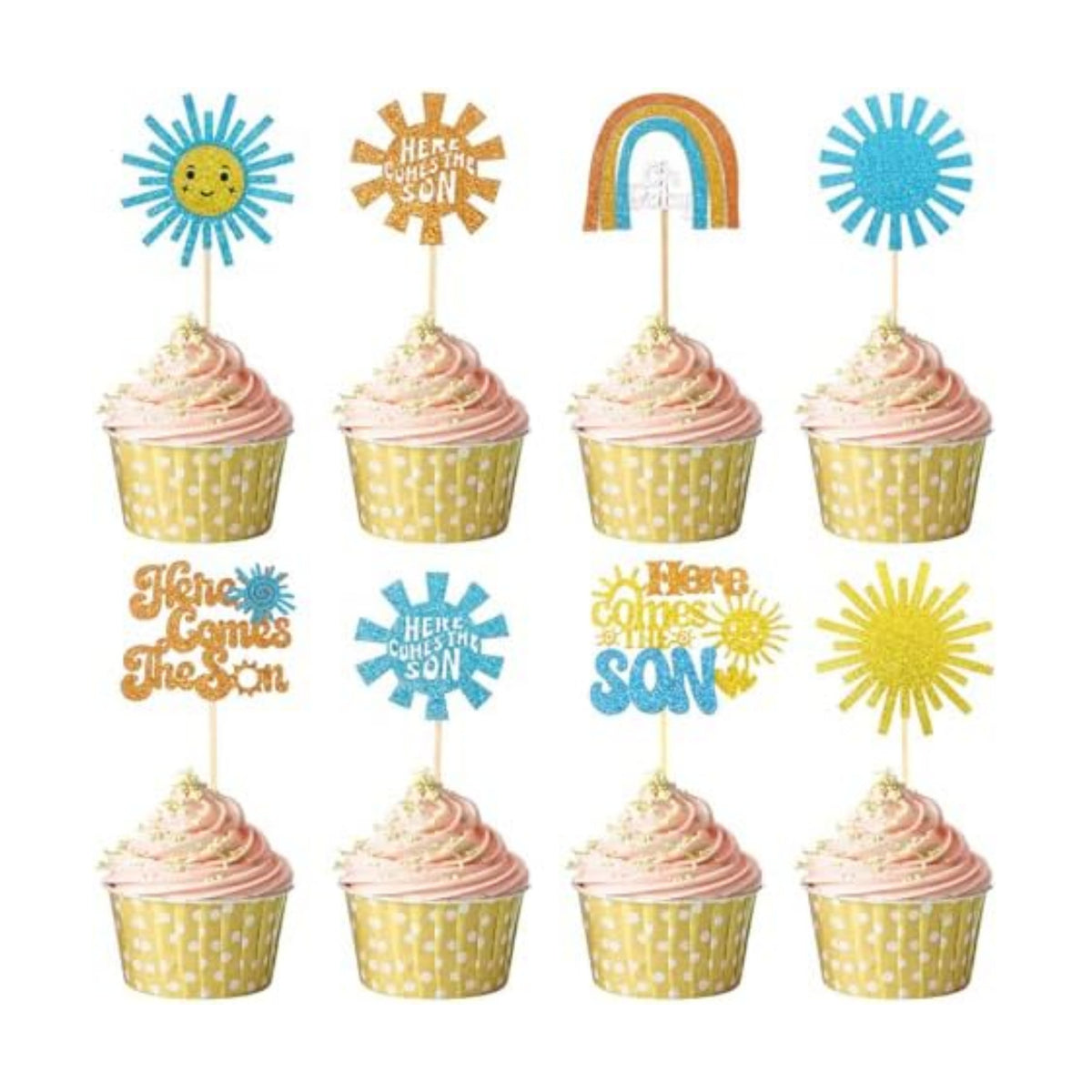 Here Comes the Son Cupcake Toppers, 24 PCS Here Comes the Son Baby Shower Decorations, Glitter Sun Themed Cupcake Party Decorations, Cupcakes Picks Food Picks for Baby Shower Party, Birthday, Wedding