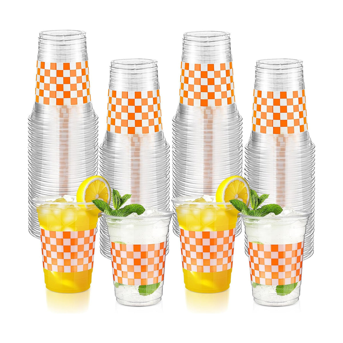 100 Pcs 16 oz Disposable Gingham Party Cups Orange Checkered