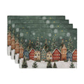 Christmas Placemats 12x18 Inch Set of 4, Winter Xmas Tree Wonderland Forest Village Town House Snowflake Linen Table Mats Washable Place Mats for Party Kitchen Dining Outdoor Indoor Decor