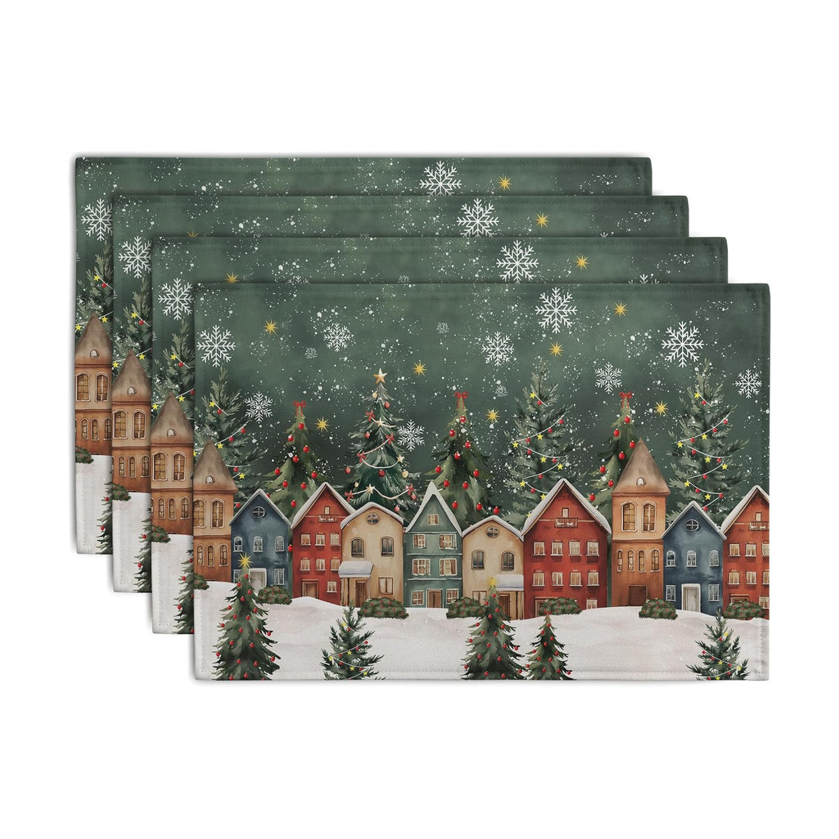 Christmas Placemats 12x18 Inch Set of 4, Winter Xmas Tree Wonderland Forest Village Town House Snowflake Linen Table Mats Washable Place Mats for Party Kitchen Dining Outdoor Indoor Decor