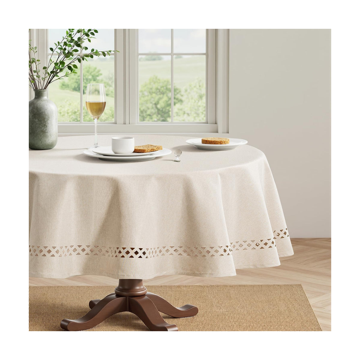 MIULEE Beige 60 Inch Round Linen Tablecloth with Decorative Cutouts