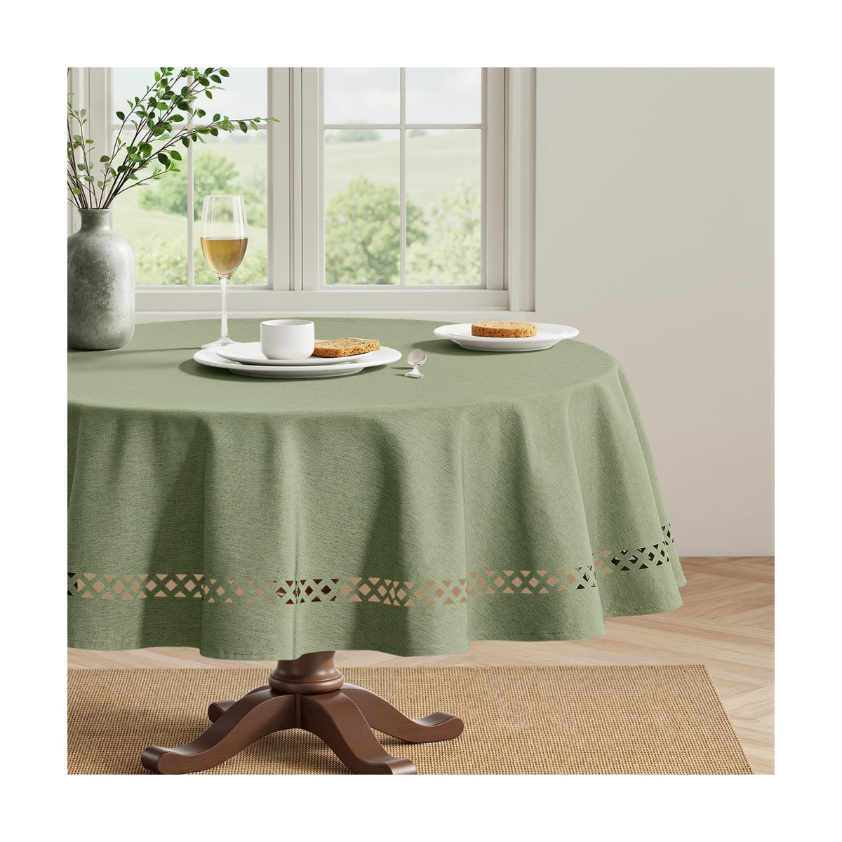 MIULEE Sage Green 60 Inch Round Linen Tablecloth with Decorative Cutouts