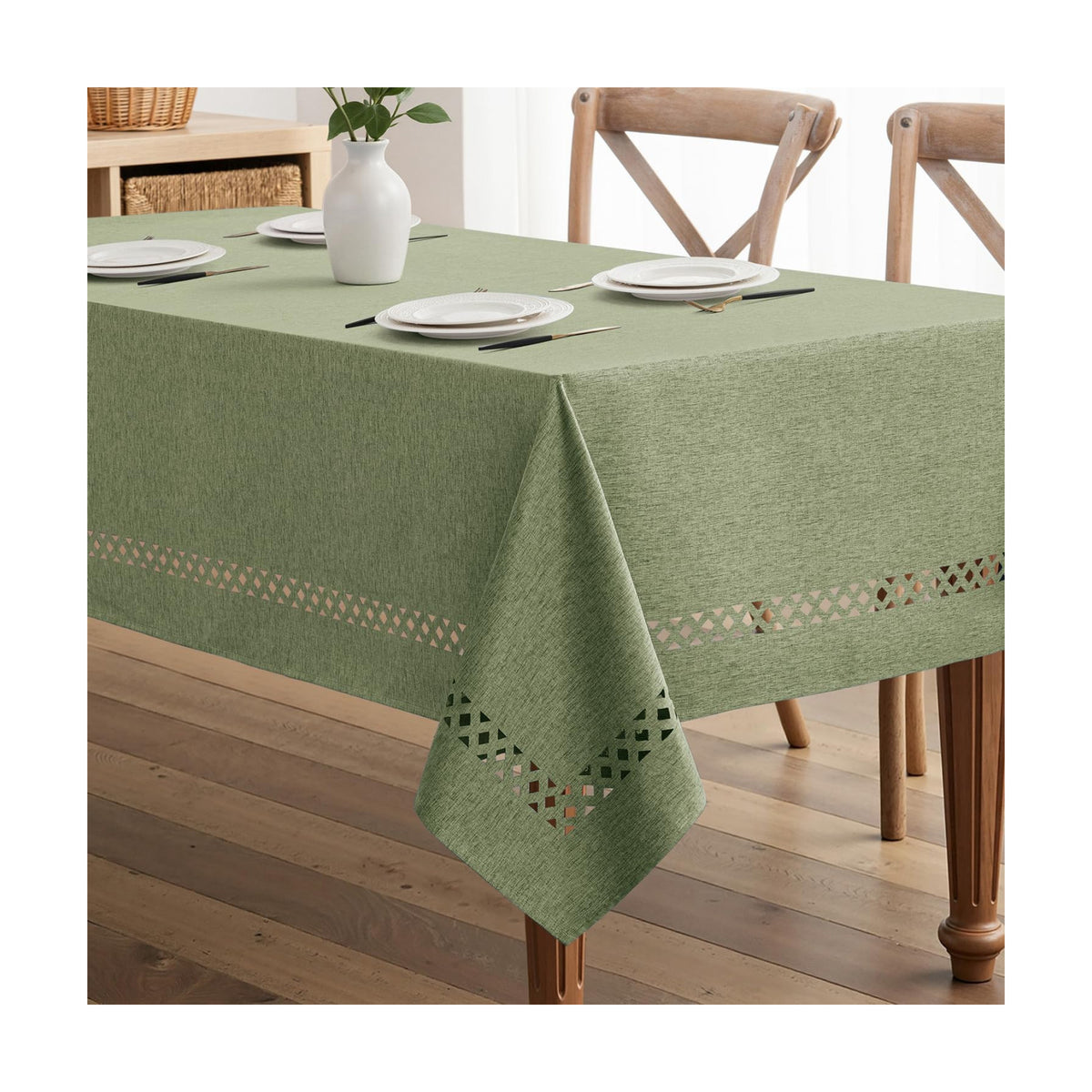 MIULEE Sage Green Rectangle Tablecloth with Decorative Cutouts 52x70 Inch