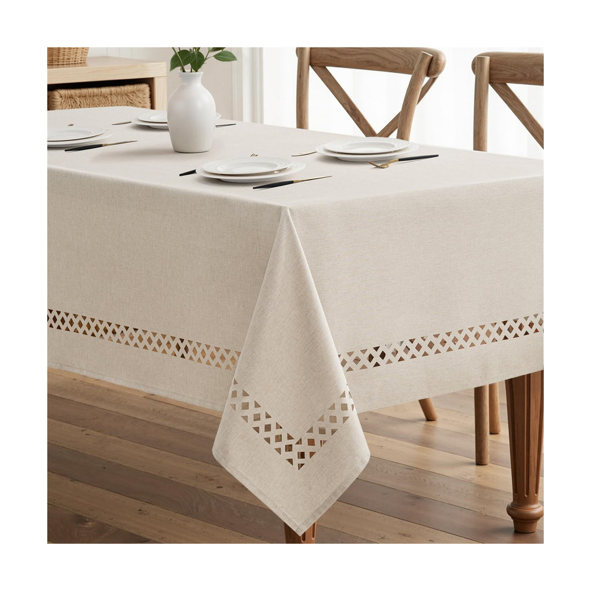 MIULEE Beige Rectangle Tablecloth with Decorative Cutouts 52x70 Inch