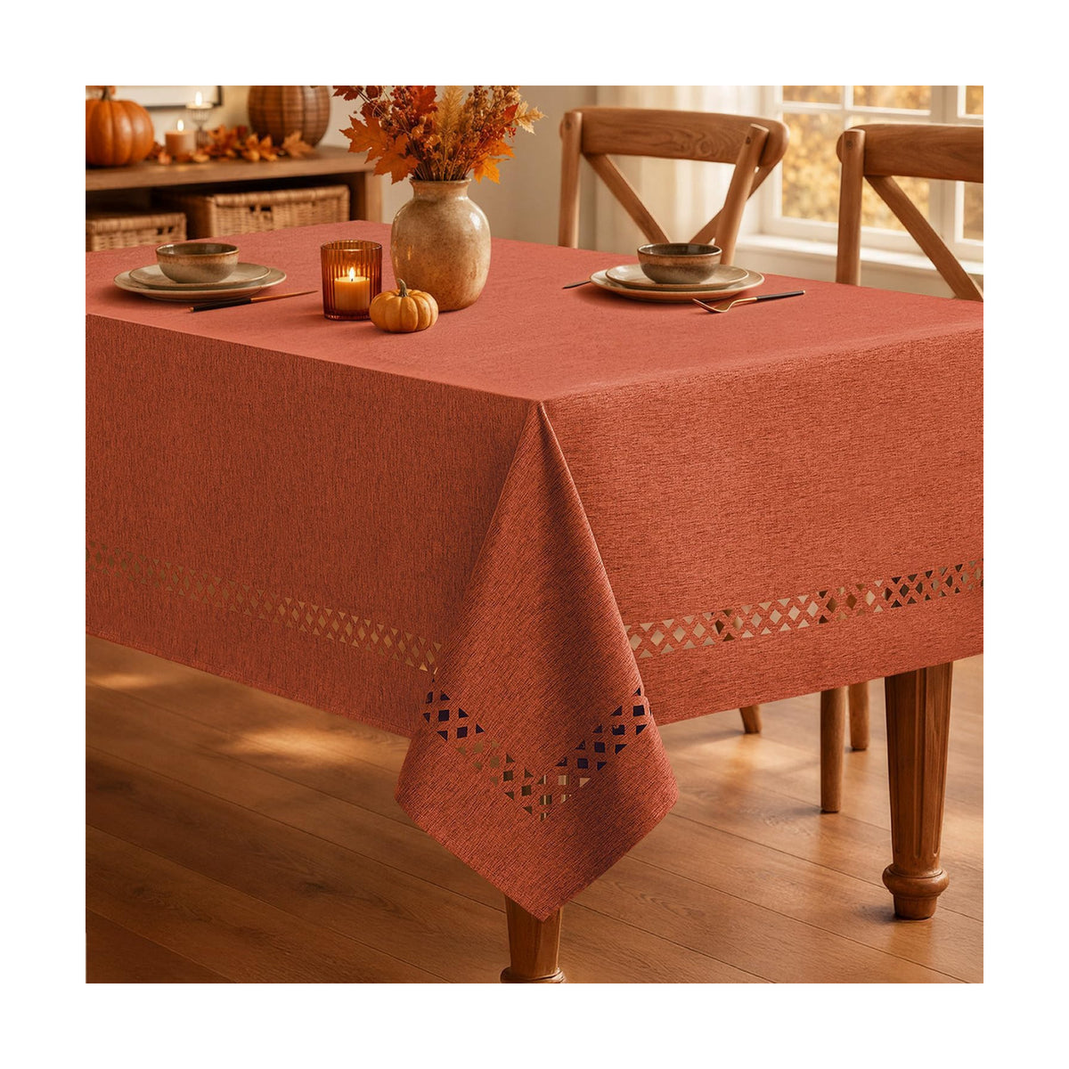 MIULEE Burnt Orange Fall Rectangle Tablecloth with Cutouts 60x104 inch