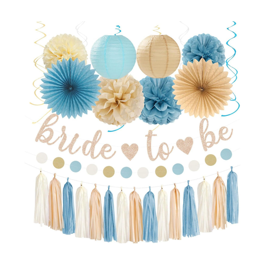 Light-Dusty Blue Beige-Champagne Bridal-Shower Party-Decorations - 31pcs Bride to Be Banner,Boho Neutral Bachelorette Paper Lanterns,Wedding Garland,Tissue Pom Poms Flower Fan Decor Supplies Burgleda