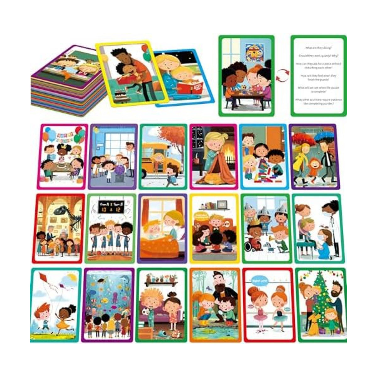 80 Scene Conversation Cards,480+ Questions Of What,Where,Who,Why & How,Materials for Social Skills,Learn Through Friendly Illustrations Of Situations,Develop Emotional Intelligence & Critical Thinking