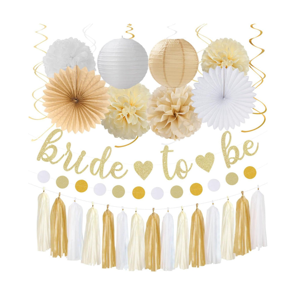 Champagne Gold White Bridal-Shower Party-Decorations - 31pcs Bride to Be Banner,Boho Neutral Bachelorette Paper Lanterns,Wedding Streamers Garland,Tissue Pom Poms Flower Fan Decor Supplies Burgleda