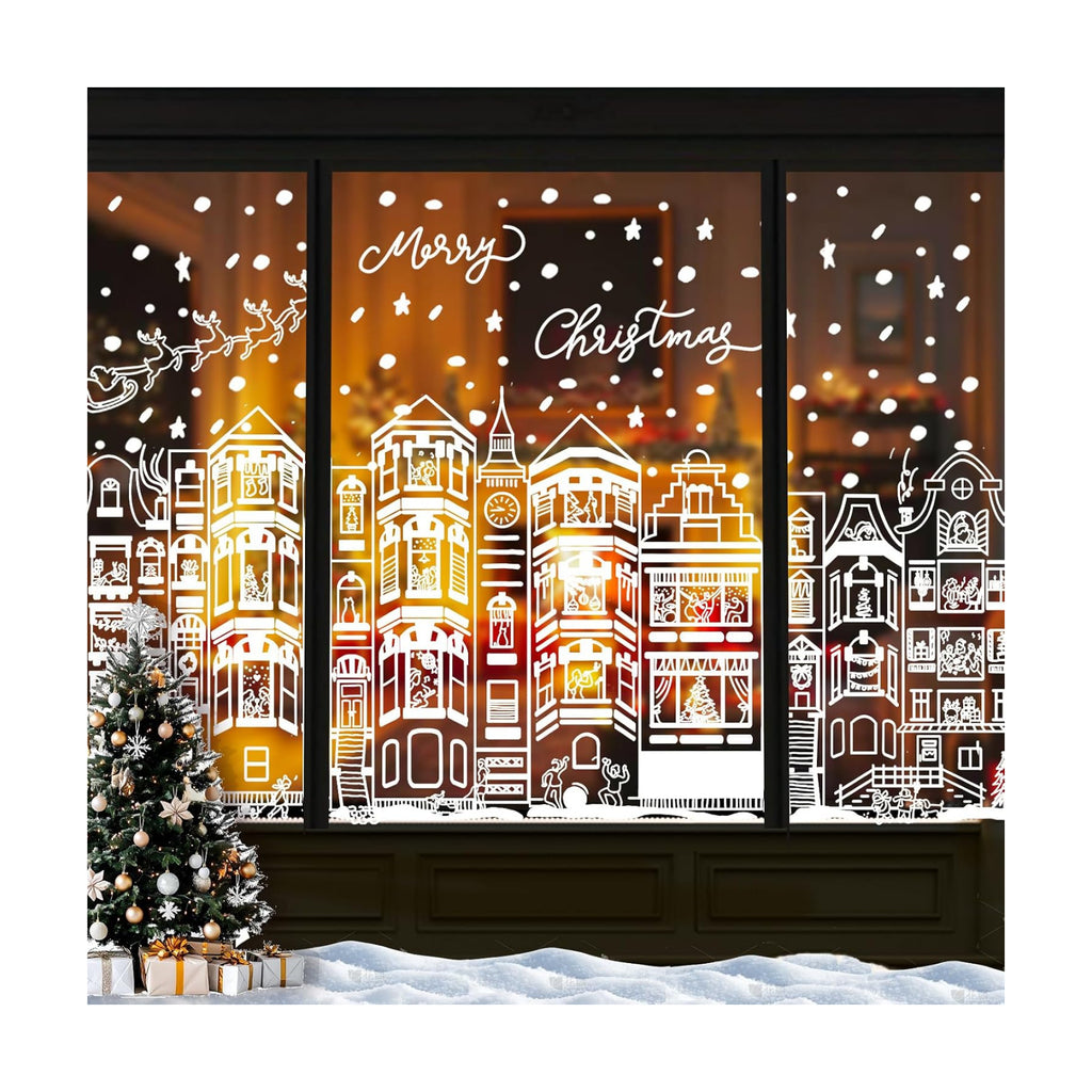 DIYDEC 15.1 * 27.3'' Large Christmas Window Clings 4Pcs Xmas White House Window Stickers for Glass Double Sided Winter Town Decals for Holiday Home Shop Decoration