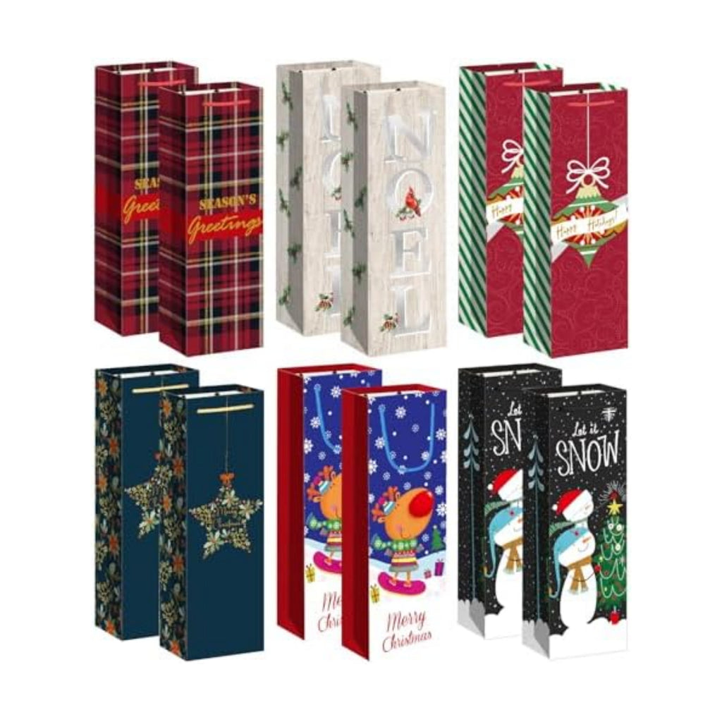 Xylitic 12 Pack Christmas Wine Bags Bulk with Handles, Holiday Wine Gift Bags for Bottles, Birthday Xmas Party Supplies, Drinkers Present (4.7” x 3.5” x 14”)