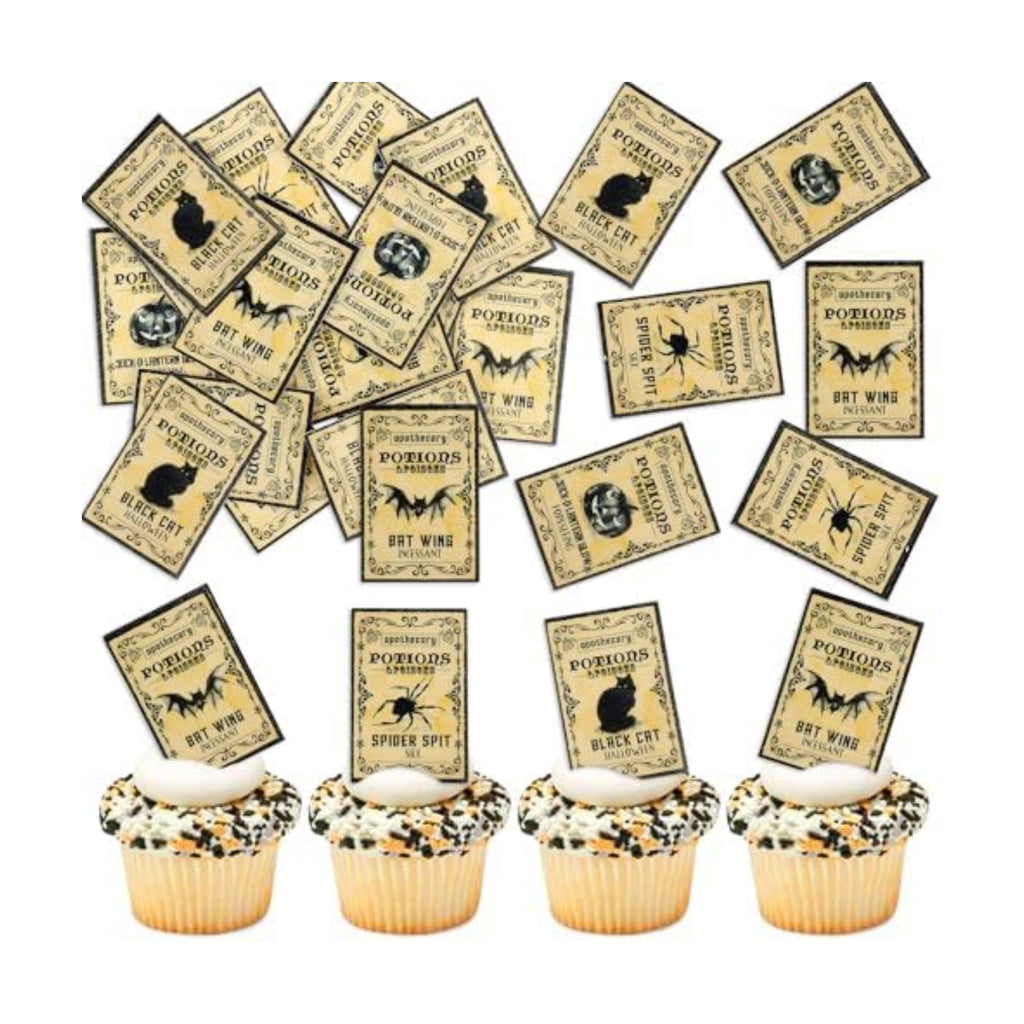 Ercadio 50Pcs Edible Halloween Cupcake Toppers Edible Happy Halloween Cake Picks Retro Horror Spider Bat Black Cat Cupcake Decors for Baby Shower Party Cake Decor