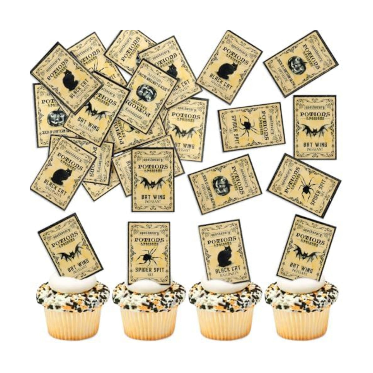 Ercadio 50Pcs Edible Halloween Cupcake Toppers Edible Happy Halloween Cake Picks Retro Horror Spider Bat Black Cat Cupcake Decors for Baby Shower Party Cake Decor