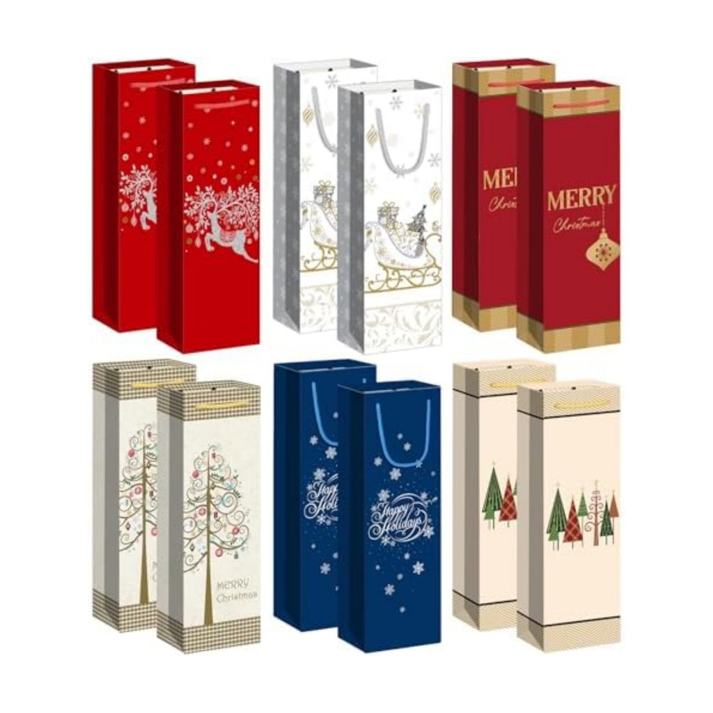Xylitic 12 Pack Christmas Wine Bags with Handles, Holiday Wine Gift Bags for Bottles, Winter Wedding Birthday Xmas Party Supplies (4.7” x 3.5” x 14”)