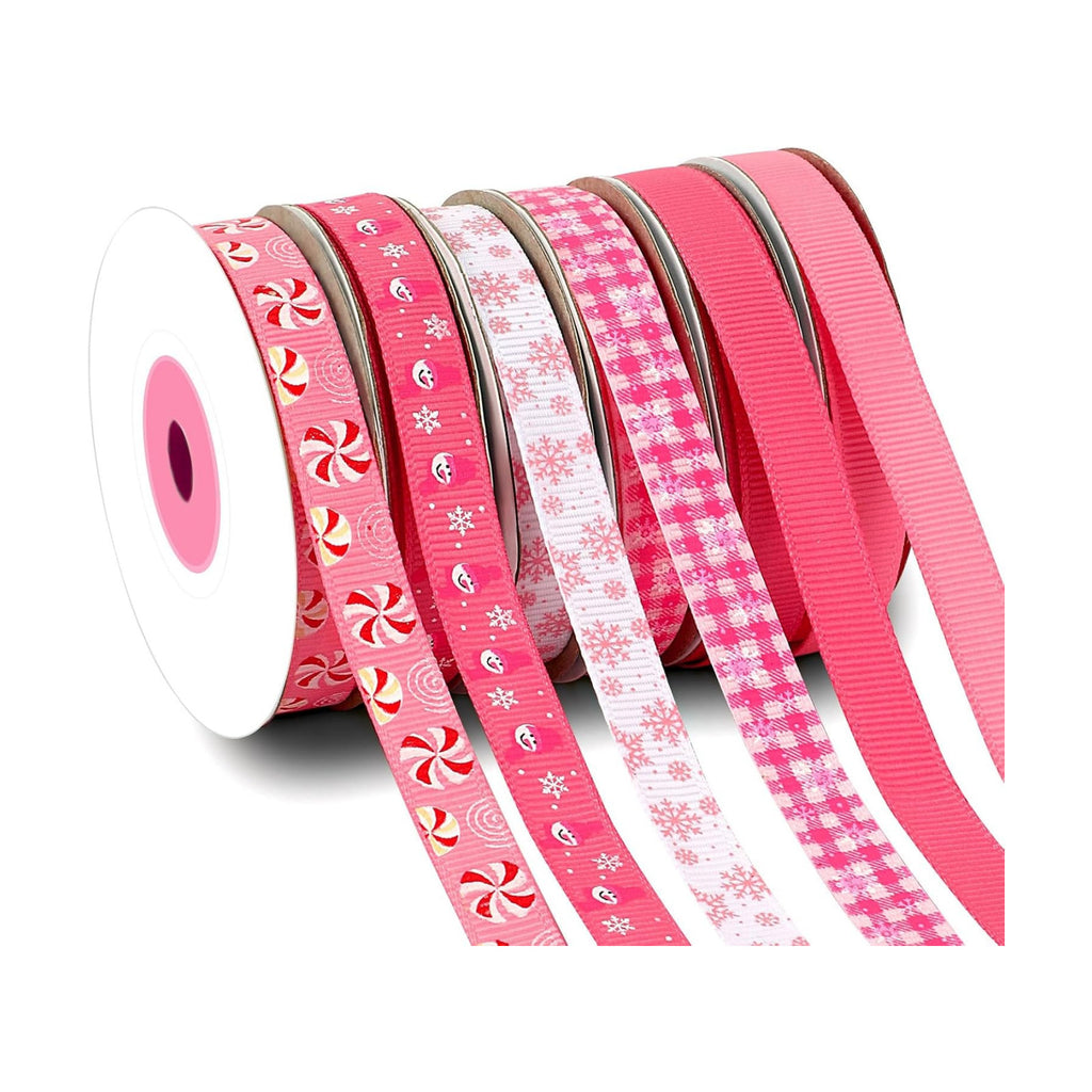 DECYOOL Pink Christmas Ribbon 6 Rolls 60Yds Holiday Xmas Grosgrain Ribbons