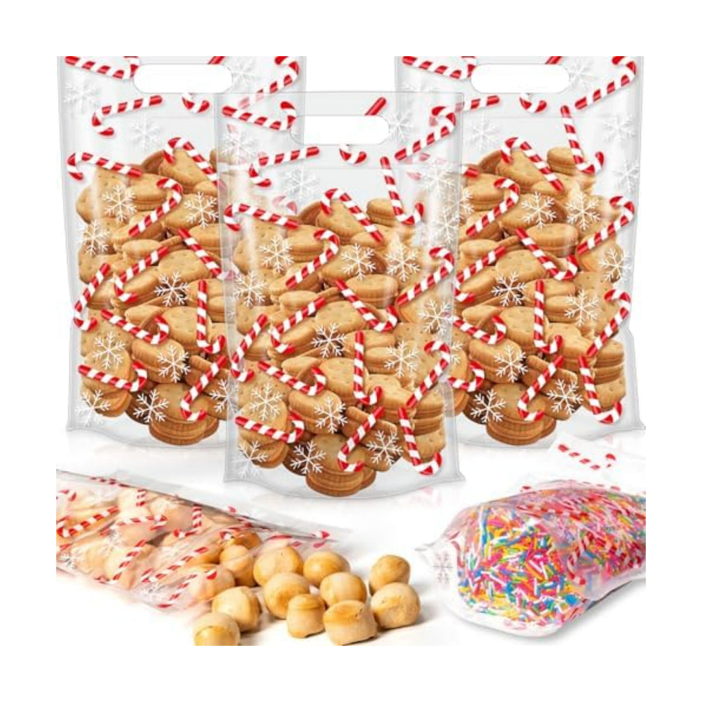 Engrowtic 50 Pcs Christmas Treat Bags Resealable Christmas Zipper Bags Candy Cane Plastic Gift Bag Holiday Bag with Handles for Xmas Party Favor Wrapping Supplies