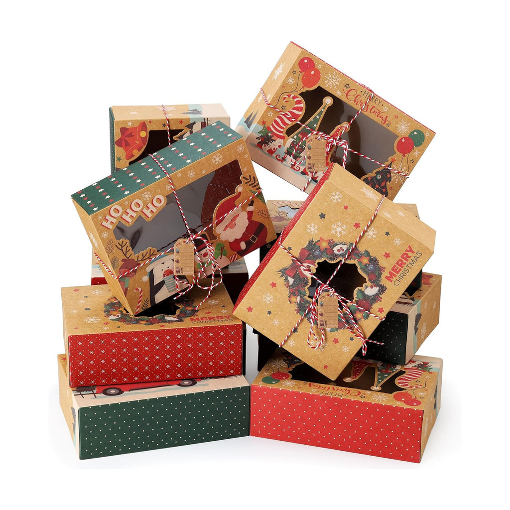 12Pcs Christmas Cookie Boxes with Window for Gift Giving, Kraft Bakery Gift Wrapping Boxes with Cards and Jute Rope, Holiday Treat Boxes for Cookies, Brownies, Donuts, Xmas Cookie Containers With Lids