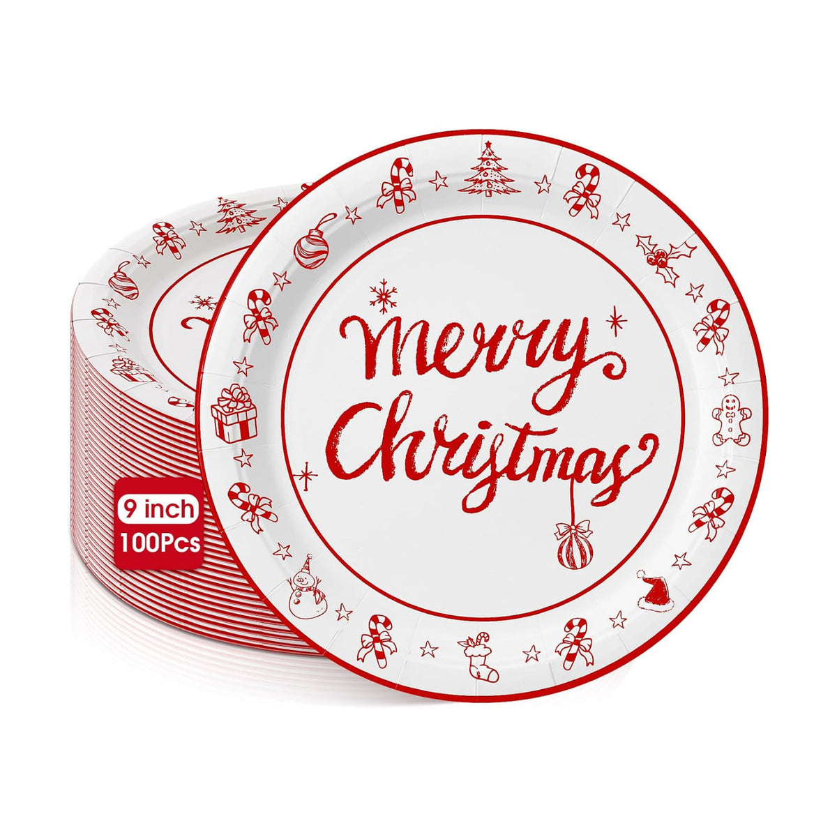 Uiifan 100 Pcs 9 Inch Merry Christmas Paper Plates, Red White Holiday Decor