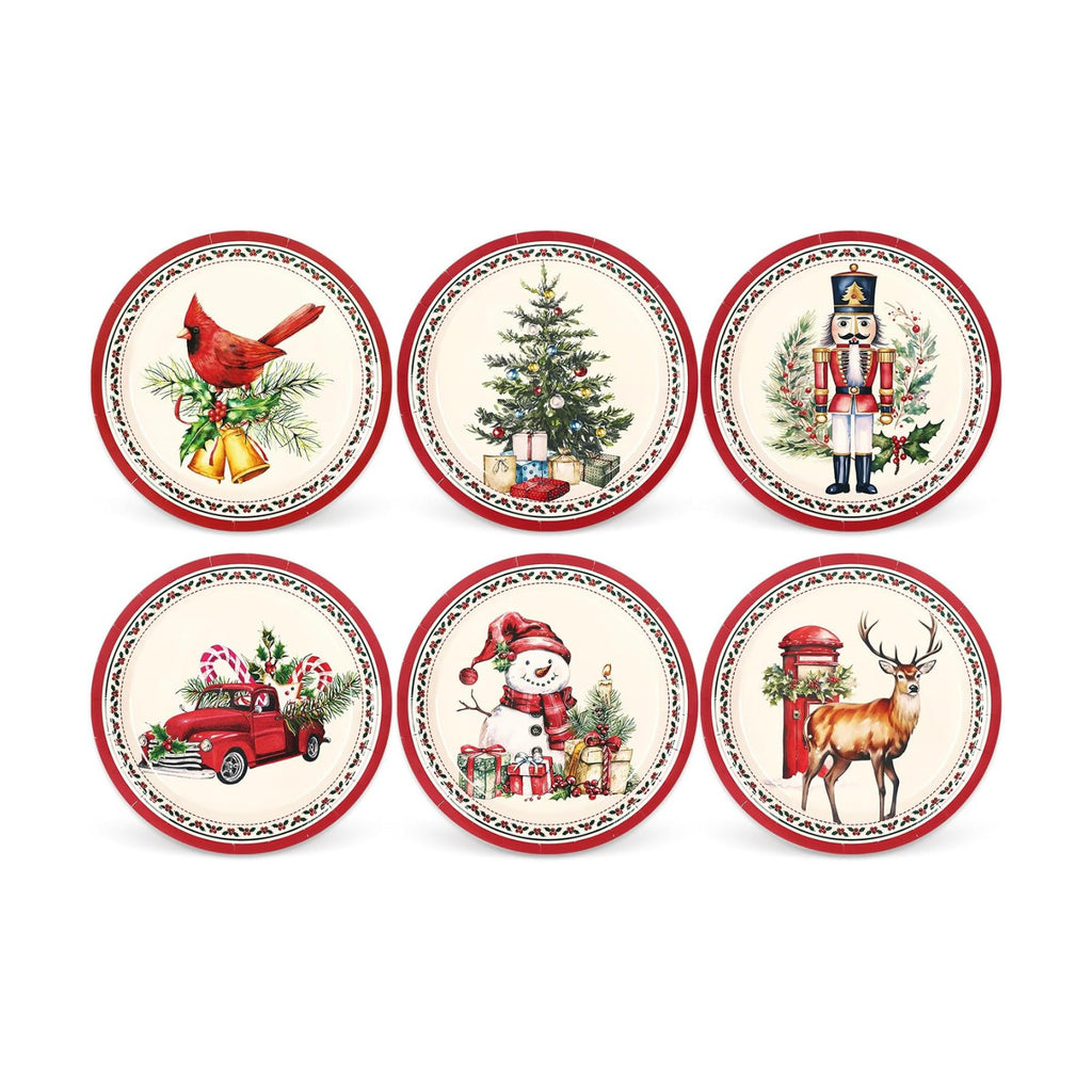 Whaline Christmas Paper Plates Snowman Nutcracker Cardinal Disposable Plates 6 Designs Retro Dinnerware Plates 9 Inch for Xmas Winter Party Supplies Table Decor, 24 Pcs