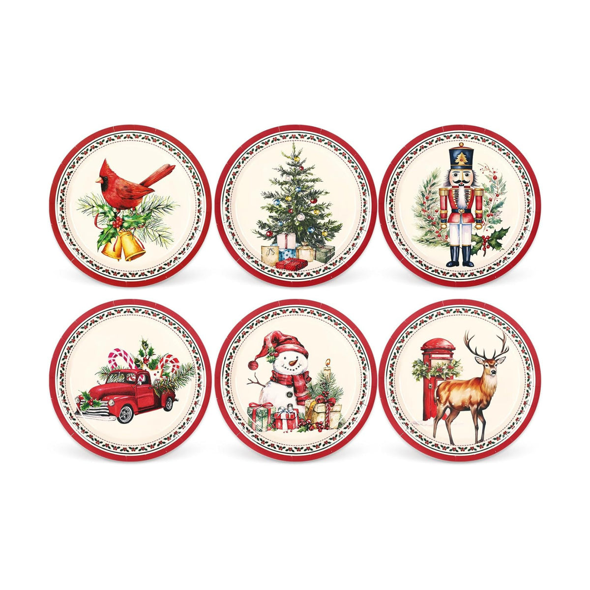 Whaline Christmas Paper Plates Snowman Nutcracker Cardinal Disposable Plates 6 Designs Retro Dinnerware Plates 9 Inch for Xmas Winter Party Supplies Table Decor, 24 Pcs