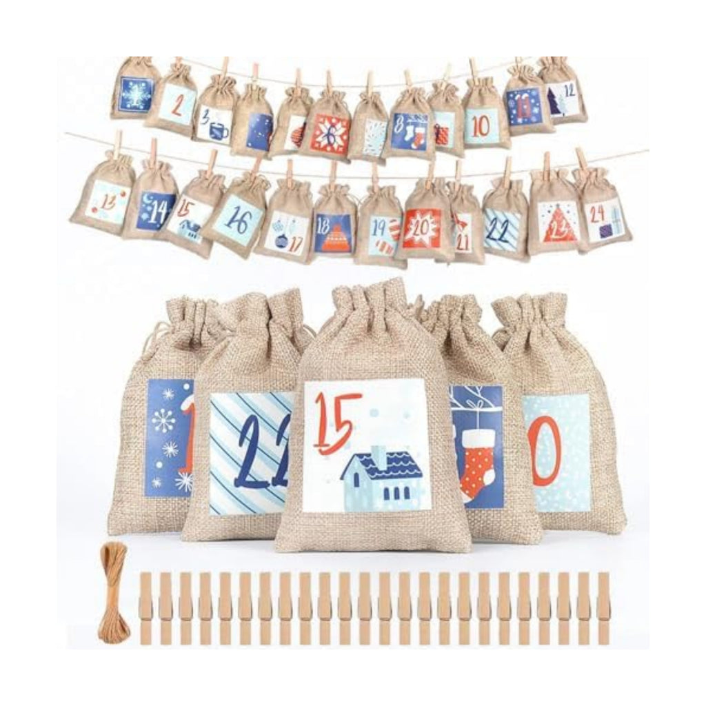 24 Pcs Christmas Advent Calendar Number Bags with Drawstring Closure