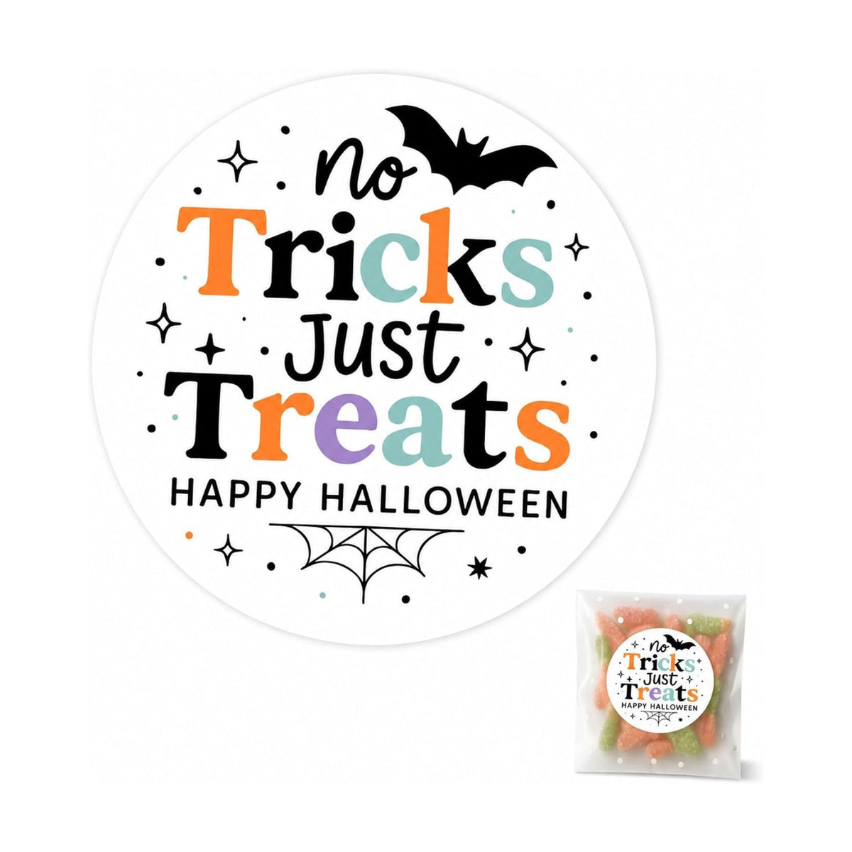 Halloween Treat Bag Favor Stickers: No Tricks Just Treats 120 PCS Seals