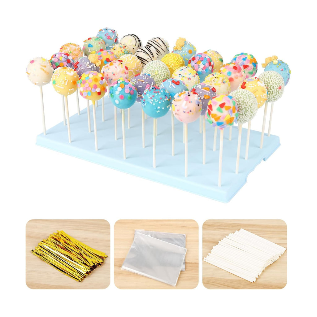 35-Hole Blue Cake Pop Stand with 100 Sticks, 100 Bags & 100 Gold Ties