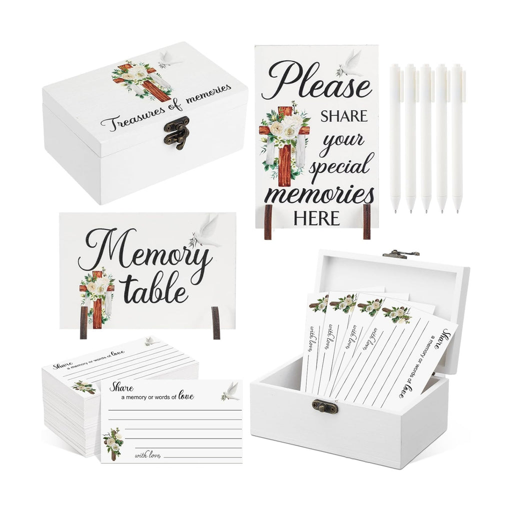 Gilprop 112 Pcs Celebration of Life Memory Cards Set Share a Memory Cards with Box 2 Wood Sign with 4 Hold and 5 Pens, Sympathy Memorial Gifts Funeral Keepsake Decorations(Cross)