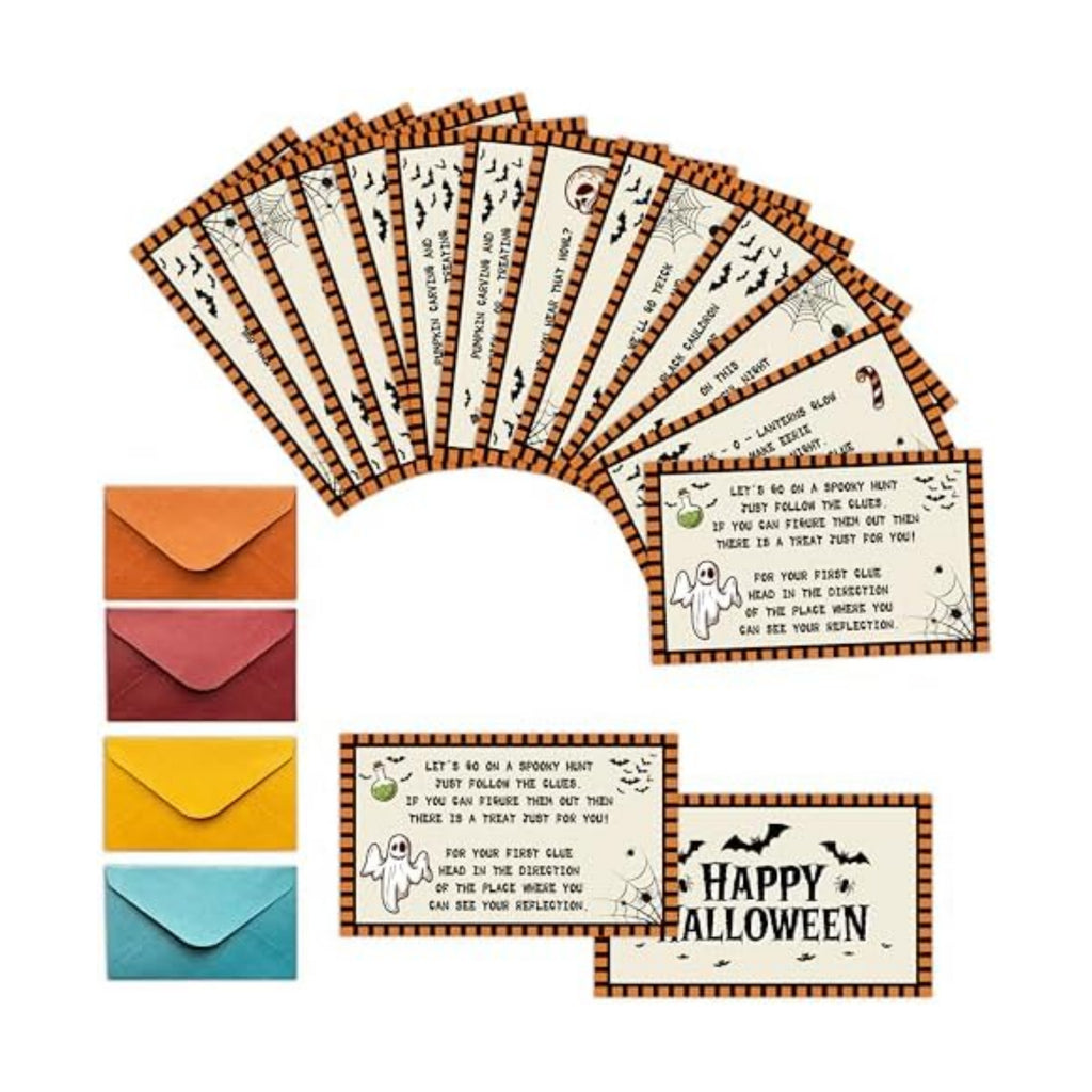 Halloween Scavenger Hunt Clue Cards, Magical Scavenger Hunt Games for Adults, Halloween Fall Pumkin Holiday Birthday Party Supplies Activities Outdoor Indoor(16 Clues Cards with Envelopes), 12