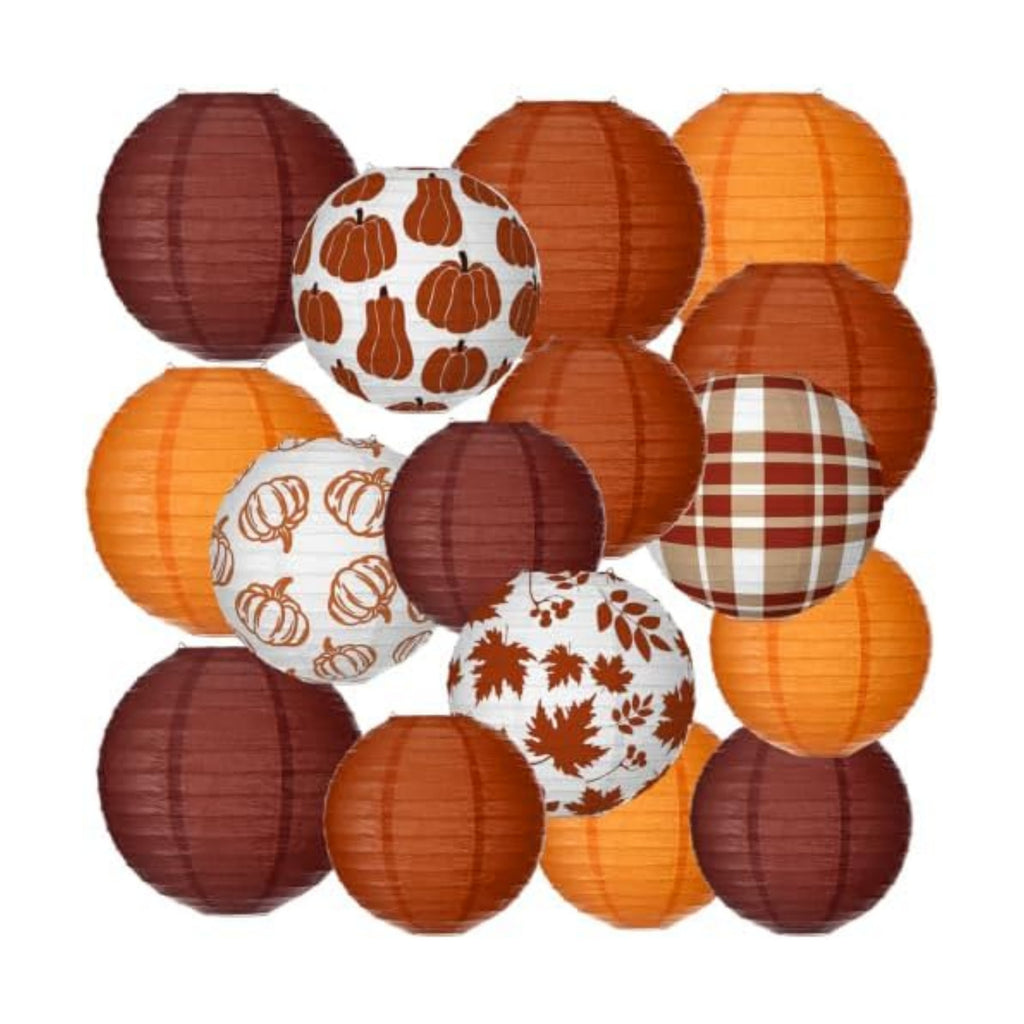 Bencailor 16 Pcs Fall Paper Lanterns Thanksgiving Orange Pumpkin Party Paper Lanterns Round Thankful Maple Leaves Hanging Party Decorations for Autumn Harvest Outdoor Decor (Cut,Warm)