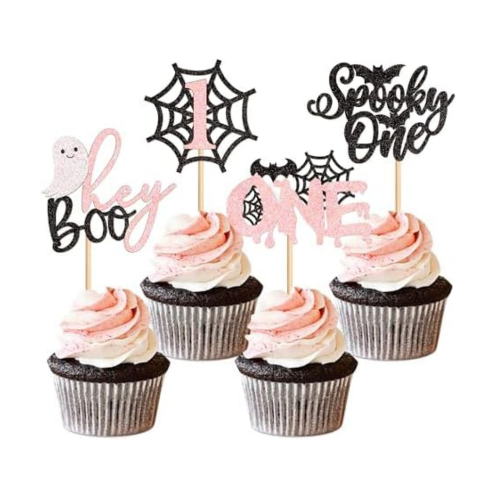 Ercadio 24Pcs Pink Spooky One Halloween Cupcake Toppers Ghost Spider Webs Cupcake Picks for Halloween Party Decorations Black Pink Halloween Girls Spooky One Birthday Cupcake Decorations