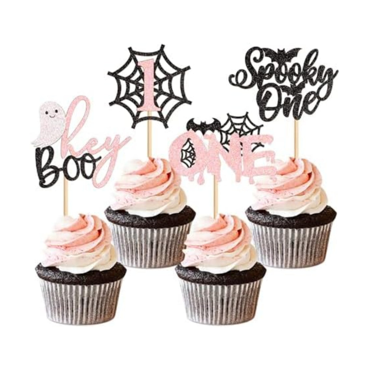 Ercadio 24Pcs Pink Spooky One Halloween Cupcake Toppers Ghost Spider Webs Cupcake Picks for Halloween Party Decorations Black Pink Halloween Girls Spooky One Birthday Cupcake Decorations