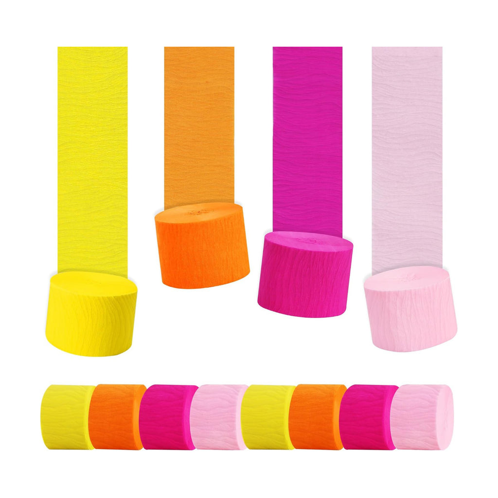 BEISHIDA 8 Rolls Yellow Orange Pink Crepe Paper Streamers for Hippie Retro Boho Sunset Fall Thanksgiving Theme Party Decorations Wedding Birthday Baby Shower DIY Craft Paper(1.8 Inch x 82 Ft/Roll)