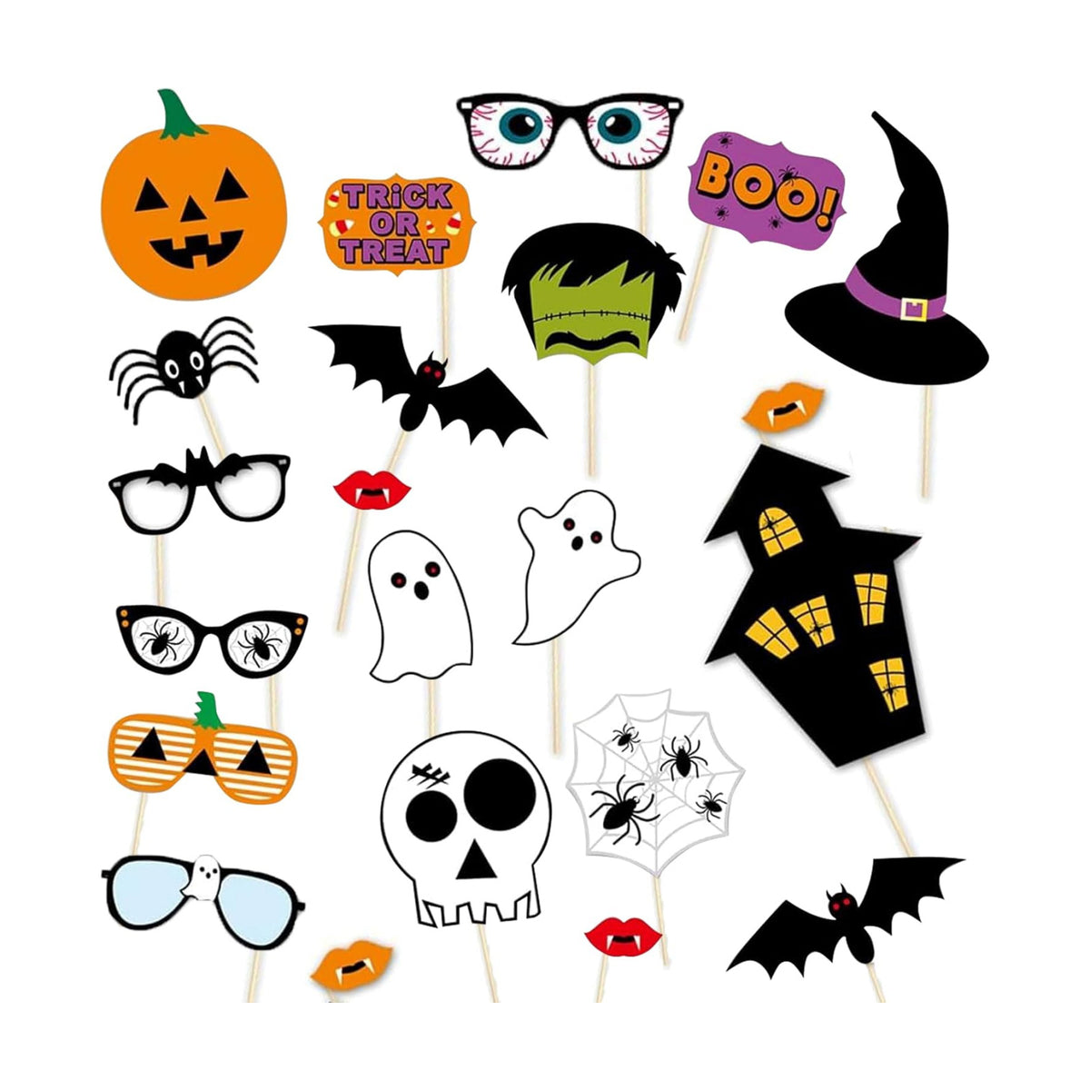 22PCS Halloween Photo Booth Props – Spooky Party Photo Props for All Ages, Ghost/Pumpkin/Bat/Witch Designs, Easy DIY Assembly, Sturdy Cardstock Party Decorations for Photo Booth & Selfies