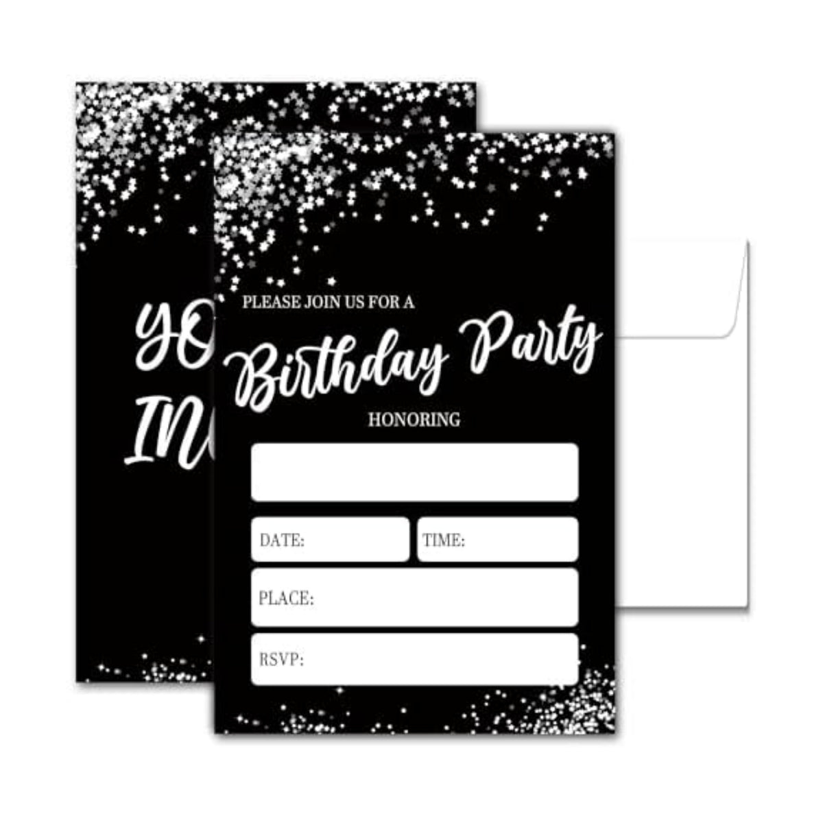 Minimalist Birthday Invitations, 20 Party Invitations with Envelopes For Birthday, Black Silver Invitations for Boys and Girls, Birthday Party Decorations Supplies
