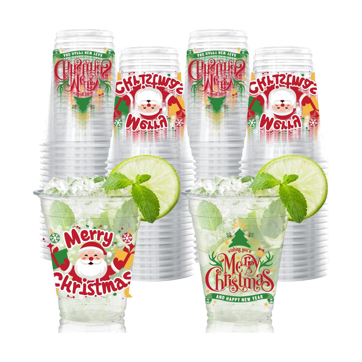 50 Pcs Christmas Party Cups, 12 oz Merry Christmas Clear Plastic Cups, Santa Claus Disposable Drinking Cup for Cold Beverage Ice Cream Snacks Xmas Winter Holiday Party Supplies