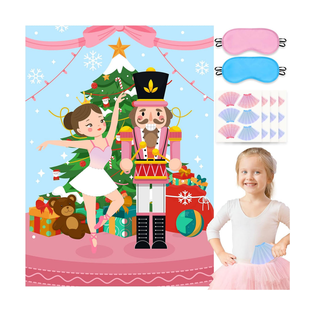 Pin The Tutu On The Ballerina Game Christmas Nutcracker Soldier Ballet Dancer Poster with 24 Stickers Xmas Winter Holiday New Year Birthday Carnival Activity Party Decorations Supplies for Kids Girls