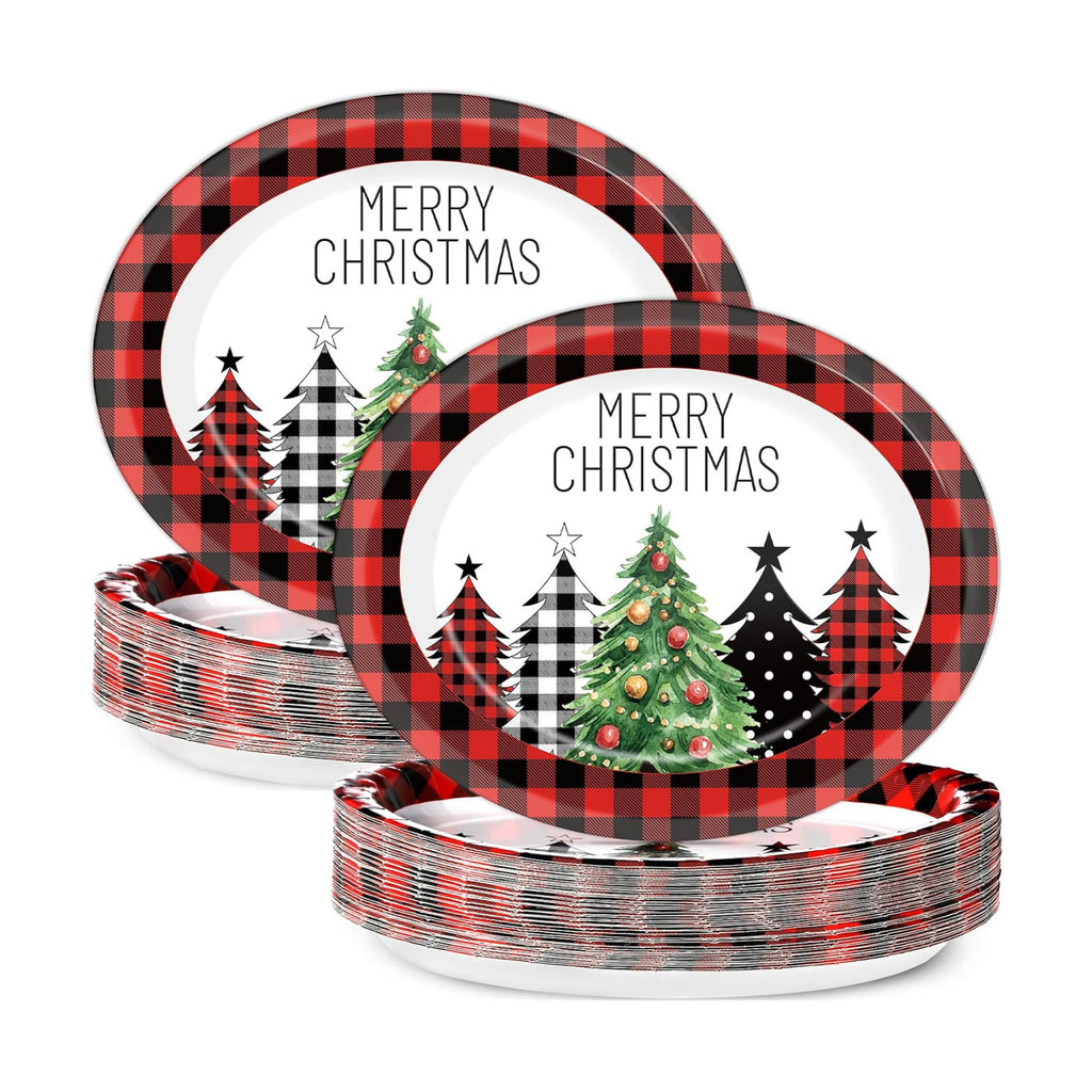50Pcs Christmas Buffalo Plaid Tree Oval Plates 11 Inch Red and Black Checkered Party Supplies Merry Christmas Disposable Dinnerware Plates Xmas Serving Tray for Winter Holiday Party Decorations