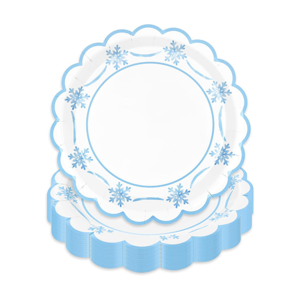 JarThenaAMCS 50 Pcs Winter Paper Plates Christmas Snowflake Scalloped Disposable Plate Blue Decorative Tableware for Xmas Holiday Party Decor Supplies, 9 In